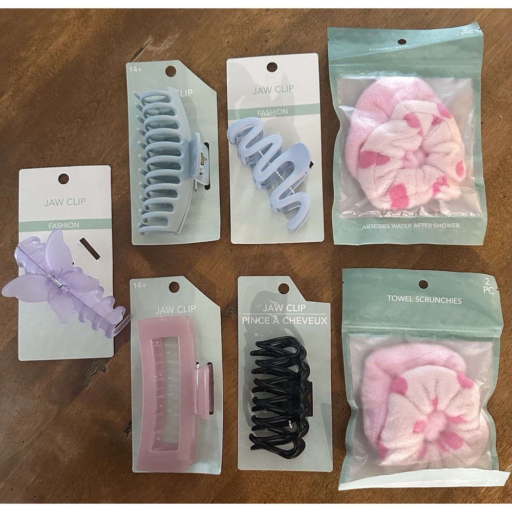 Set of five jaw clips in various colors and two 2-piece towel scrunchies